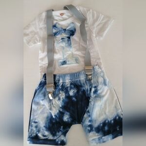 Baby Boy 1st Birthday Outfit – Tie-Dye Onesie, Shorts & Suspenders – NWT